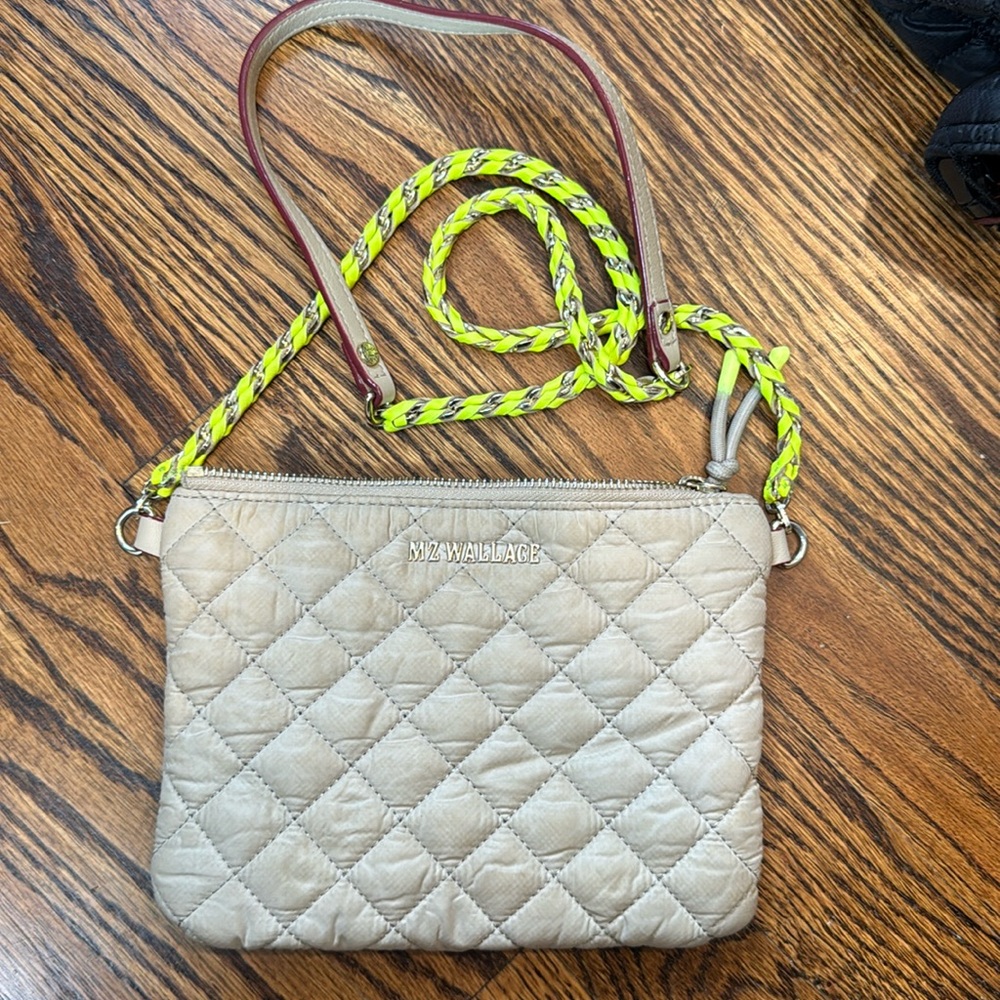 MZ Wallace quilted crossbody bag neon yellow braided strap